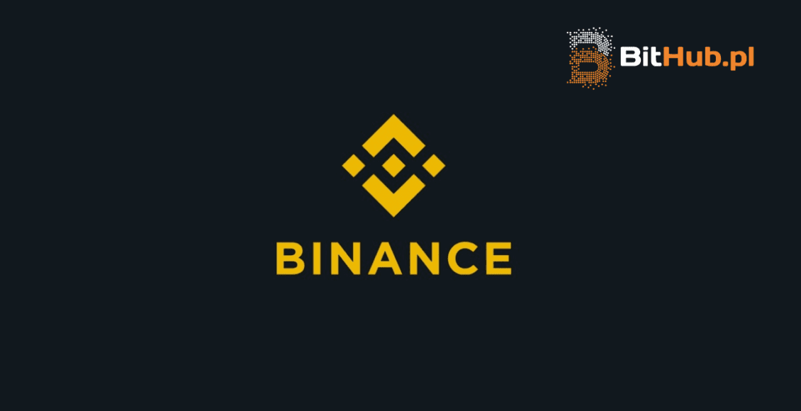 Złote logo giełdy Binance na ciemnogranatowym tle, w prawym górnym rogu logo serwisu BitHub.pl