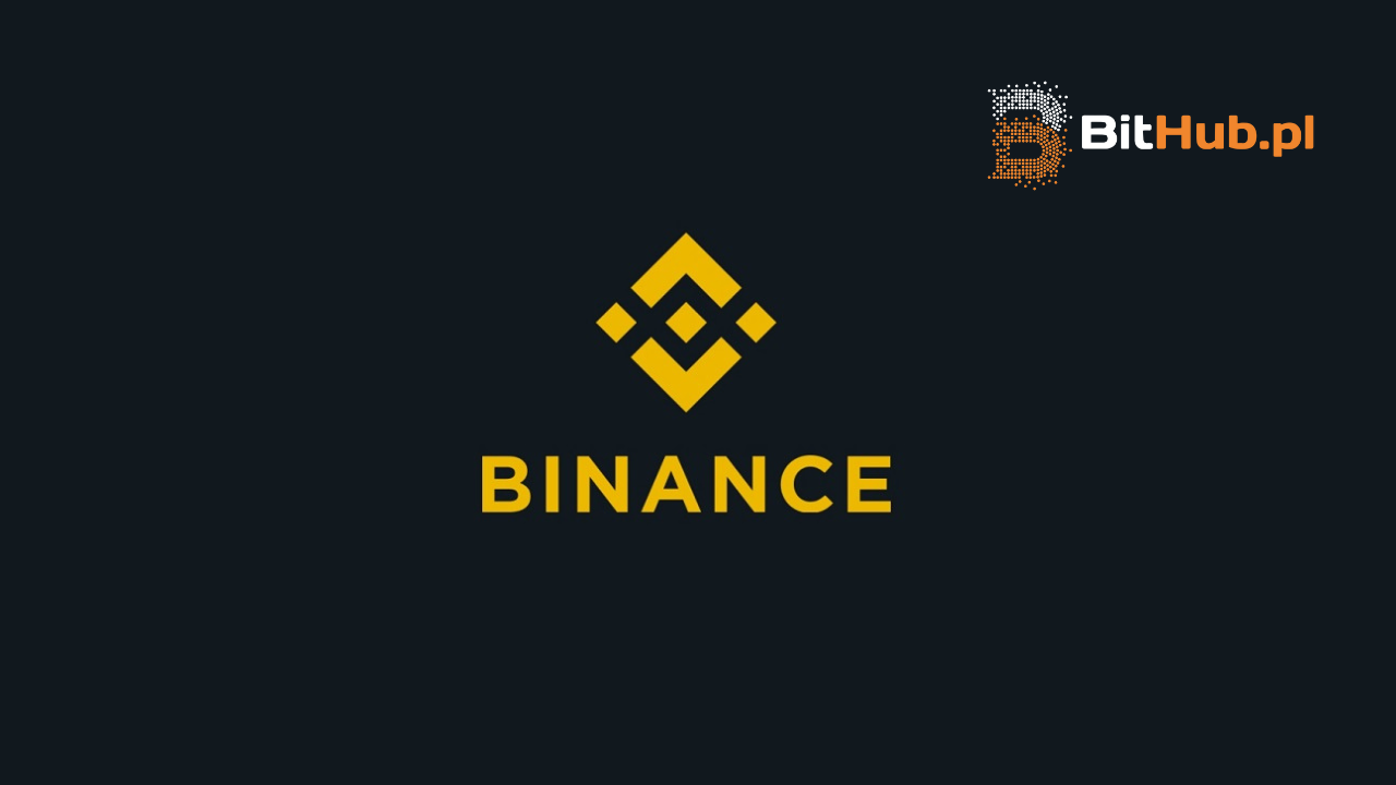 Złote logo giełdy Binance na ciemnogranatowym tle, w prawym górnym rogu logo serwisu BitHub.pl