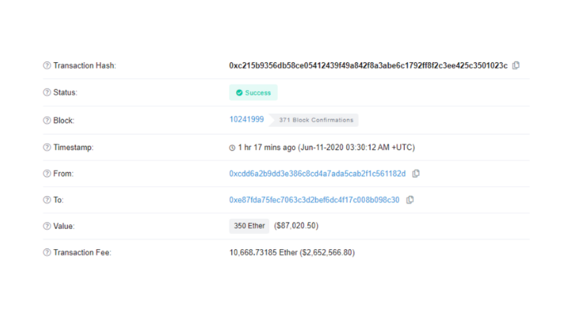 milionowa opłata w ethereum