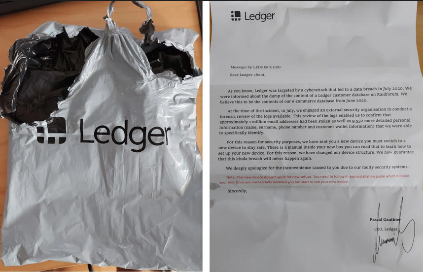 Opakowanie i list do fałszywego urządzenia Ledger