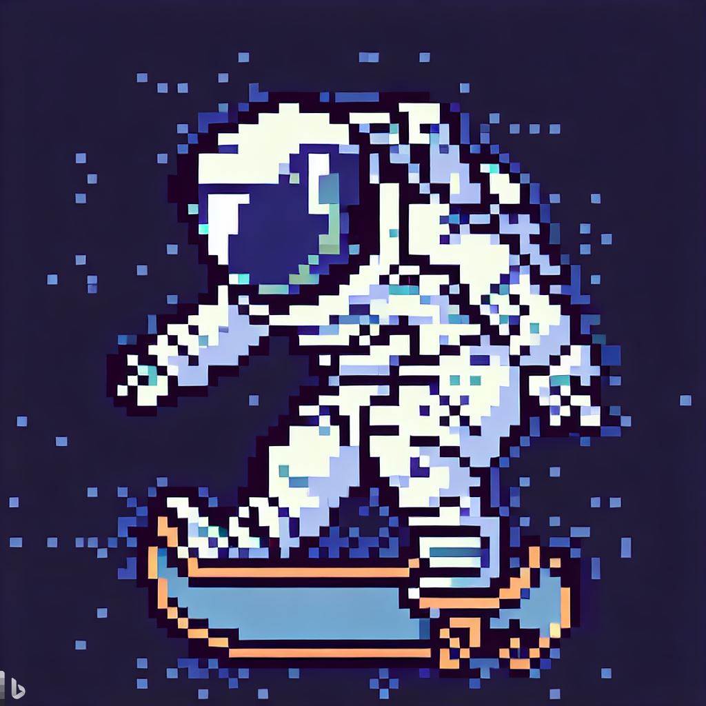 Astronauta jadący na deskorolce w stylu pixel art