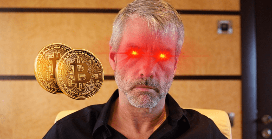 michael saylor z laserowymi oczami i bitcoinem w tle