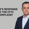 Prezes Binance Changpeng Zhao w garniturze i czerwonym wykrzyknikiem w tle