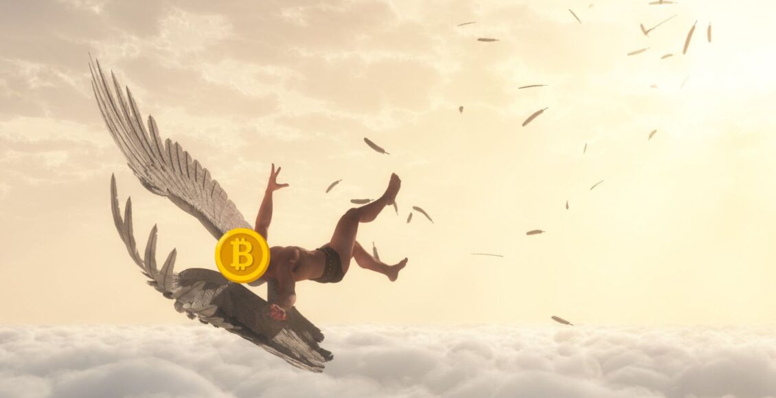 Ikar z głową Bitcoina spadający z nieba po zobaczeniu Słońca