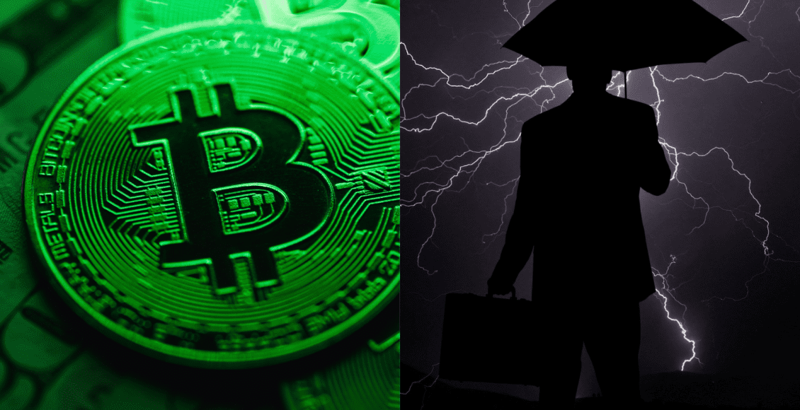 Monety Bitcoin na zielonym tle oraz człowiek z parasolem podczas burzy