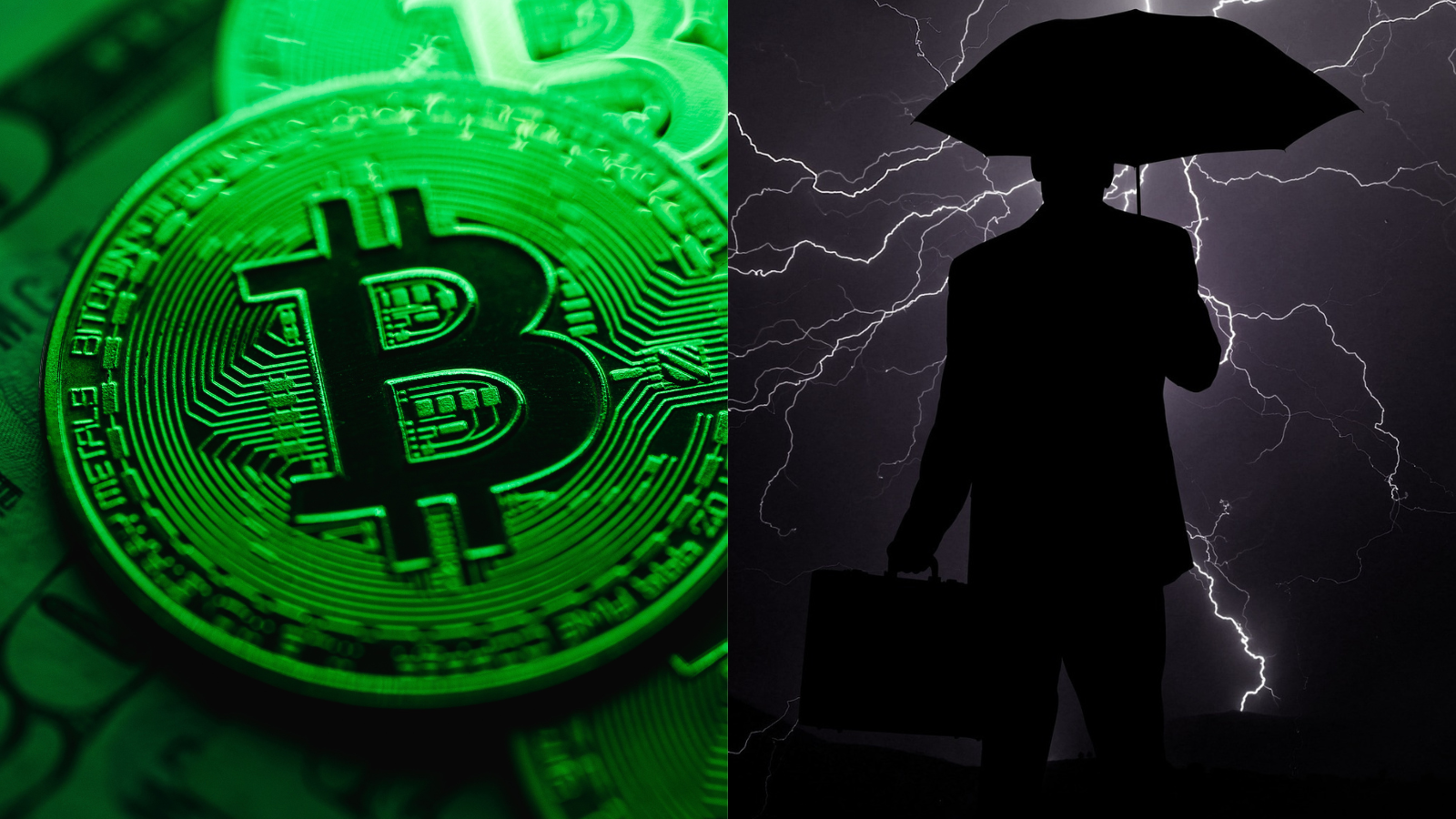 Monety Bitcoin na zielonym tle oraz człowiek z parasolem podczas burzy