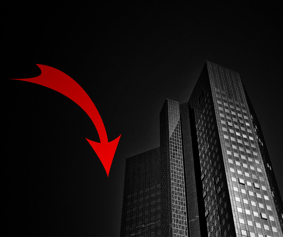wieżowiec Deutsche Banku na czarnym tle z czerwoną strzałką w dół