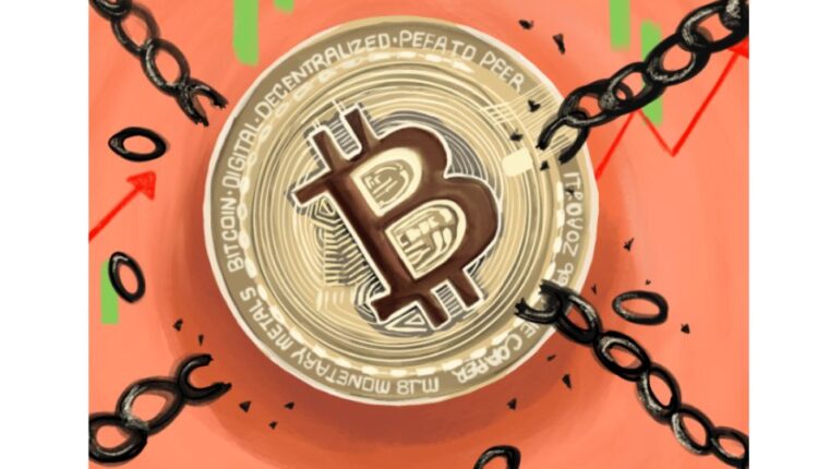 Moneta Bitcoin wydostająca się z łańcuchów.