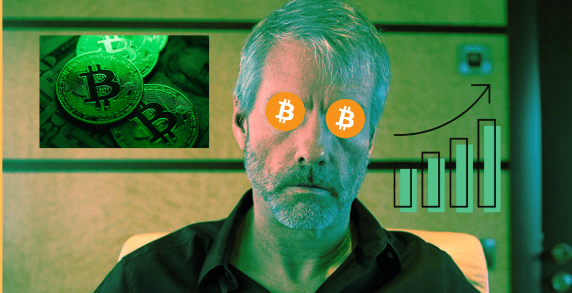 michael saylor na zielonym tle z bitcoinami