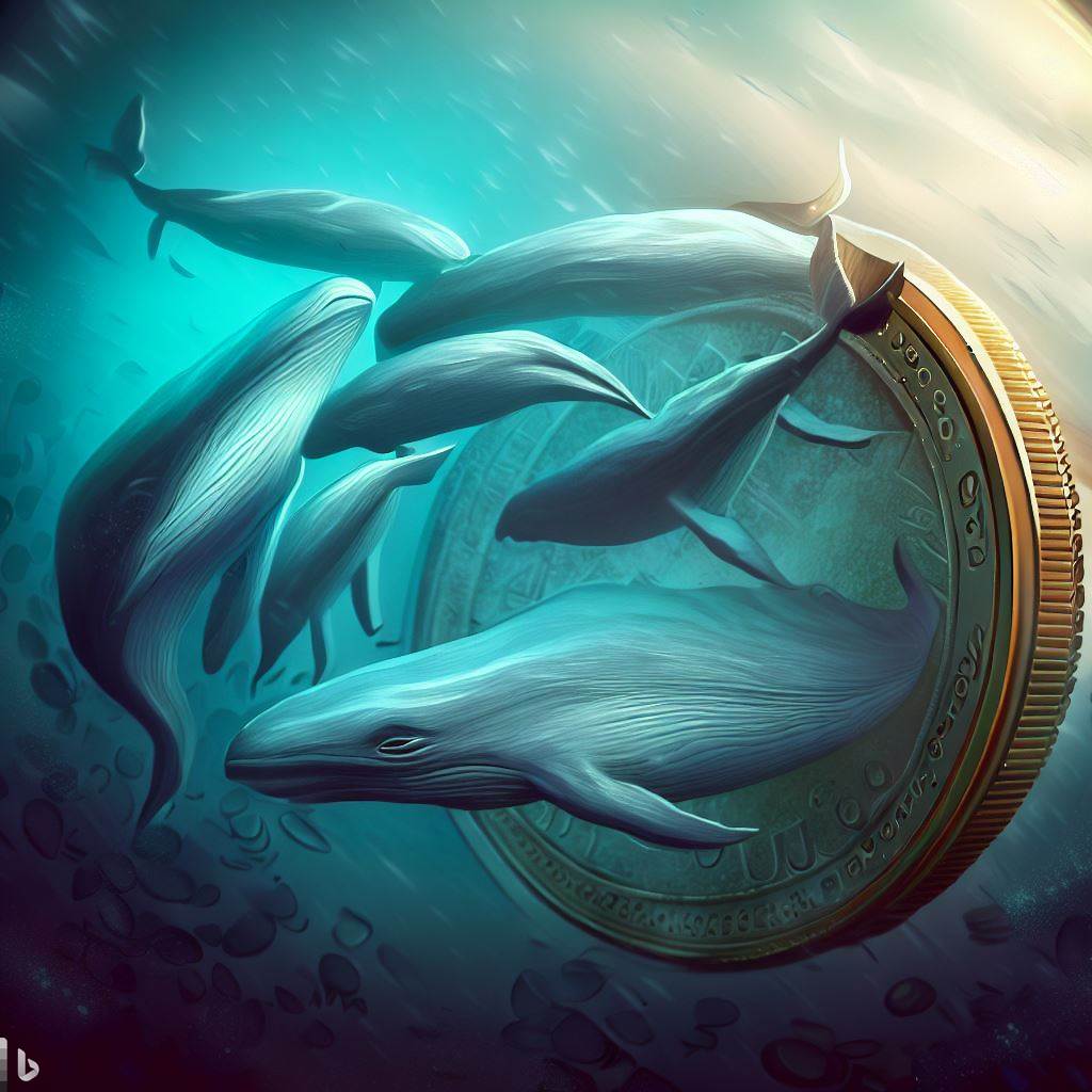 wieloryby pływające wokół monety