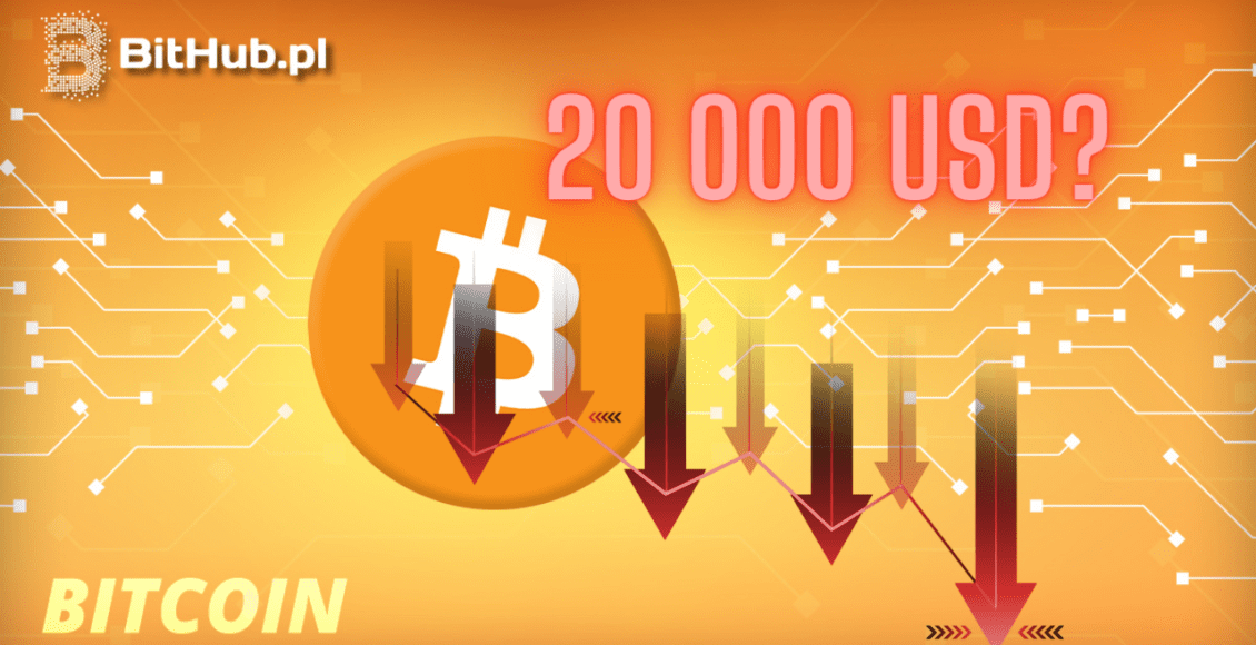 żółta grafika tytułowa z logiem bitcoina, czerwonymi strzałkami i liczbą 20 000 USD?
