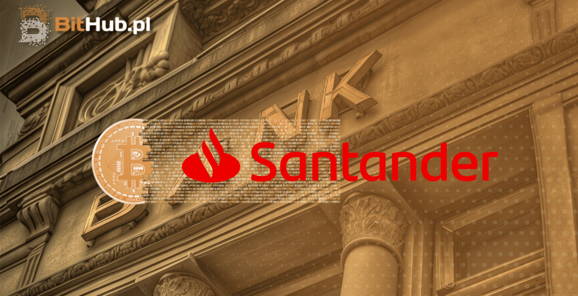 logo banku santander na tle bitcoina i banku