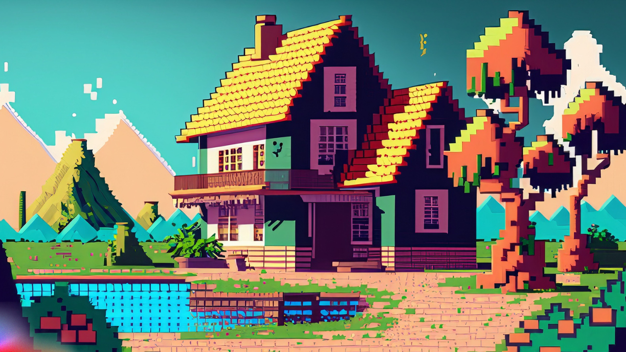 krajobraz z domkiem w stylu pixel art