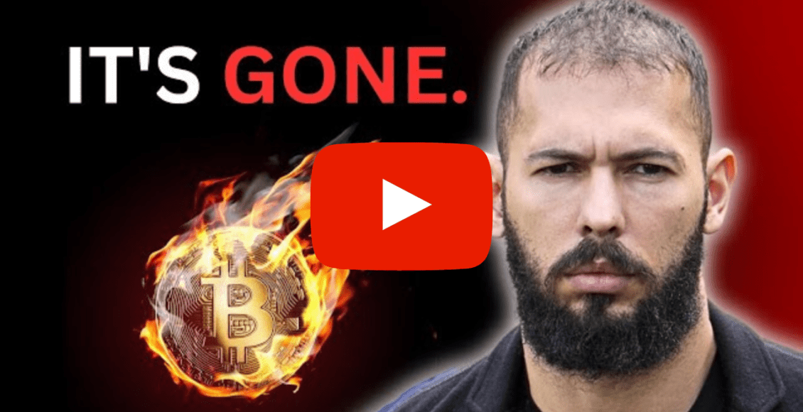 andrew tate na tle płonącego bitcoina z napisem "It's gone" w tle. na pierwszym planie logo youtube