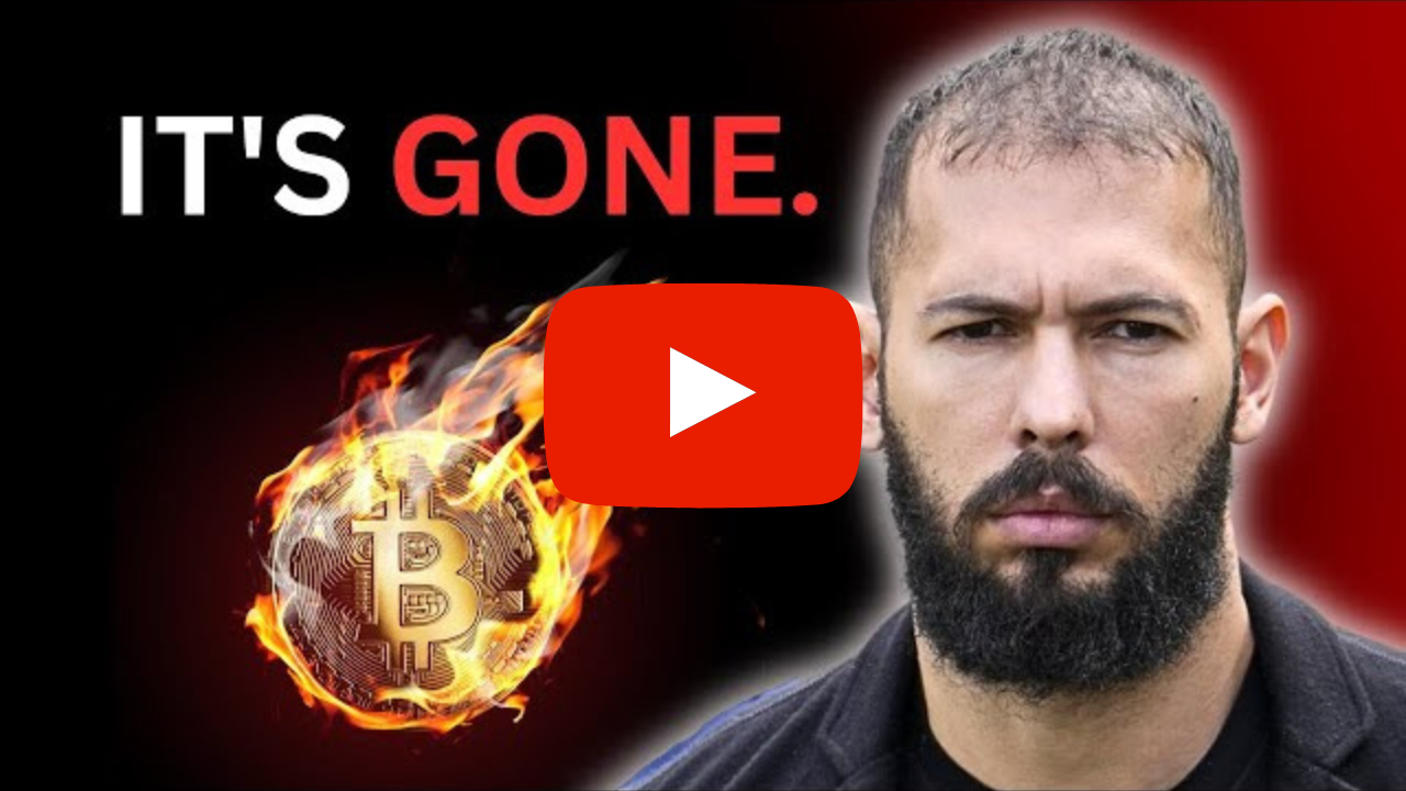 andrew tate na tle płonącego bitcoina z napisem "It's gone" w tle. na pierwszym planie logo youtube