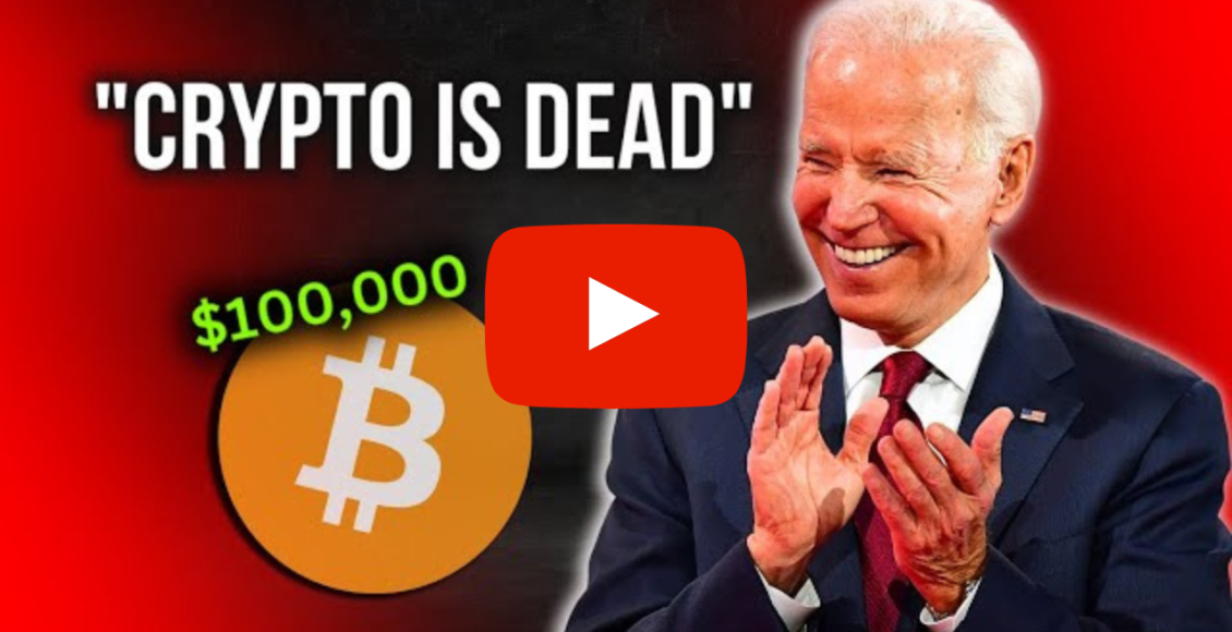 klaszczący joe biden, symbol bitcoina, liczba $100000 oraz napis "crypto is dead"