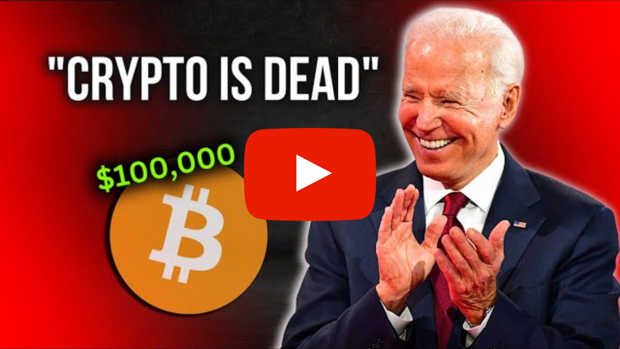 klaszczący joe biden, symbol bitcoina, liczba $100000 oraz napis "crypto is dead"