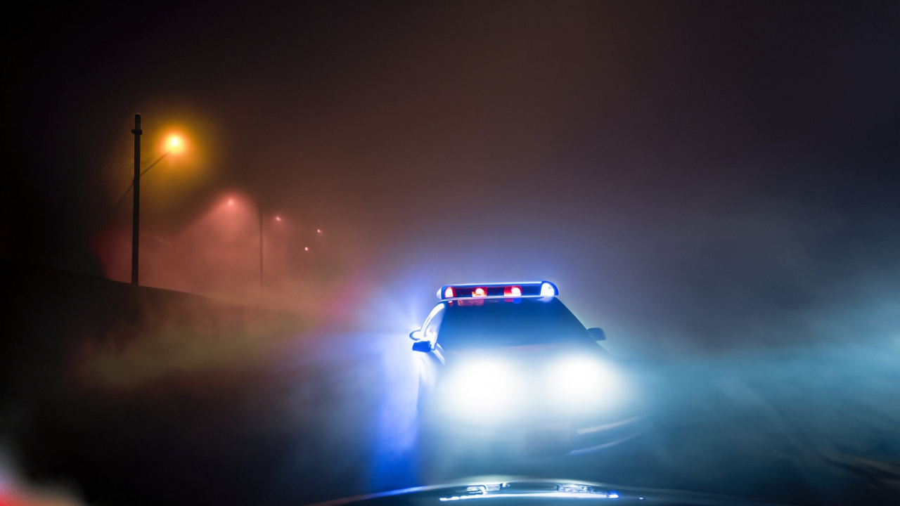 samochód policyjny we mgle