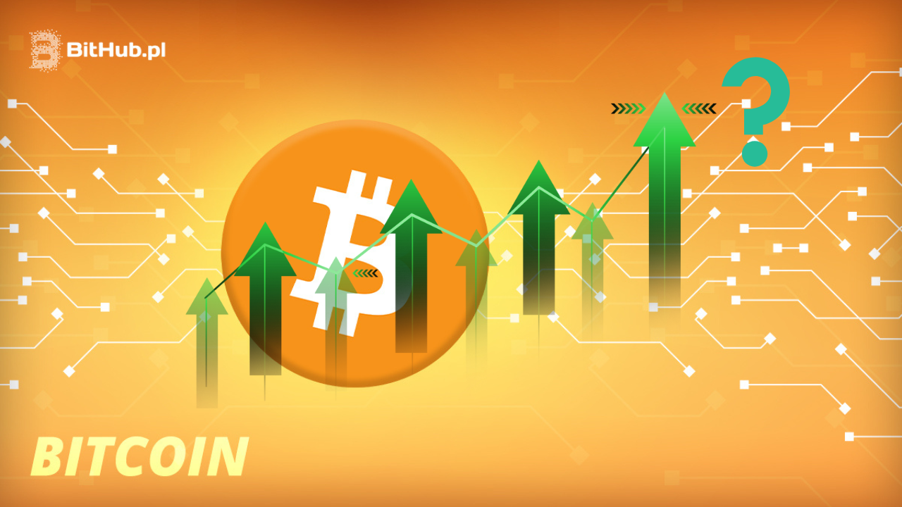 żółtozłota grafika z logiem bitcoina i zielonymi strzałkami prowzrostowymi
