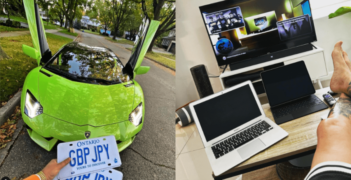 zdjęcia influencera: zielone lamborghini i nogi na stole z laptopami