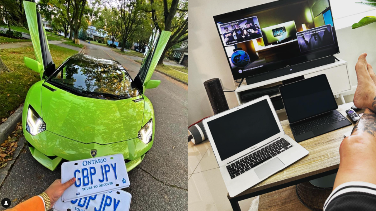 zdjęcia influencera: zielone lamborghini i nogi na stole z laptopami