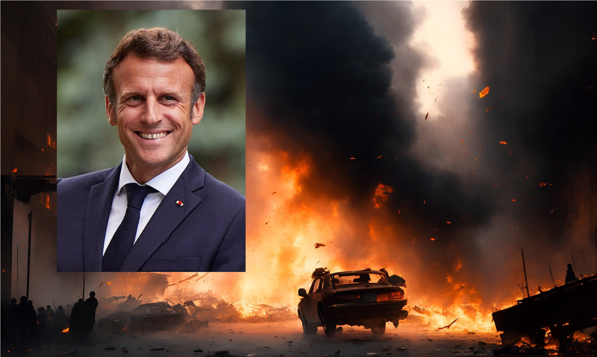 płonąca ulica i zdjęcie Emmanuela Macrona