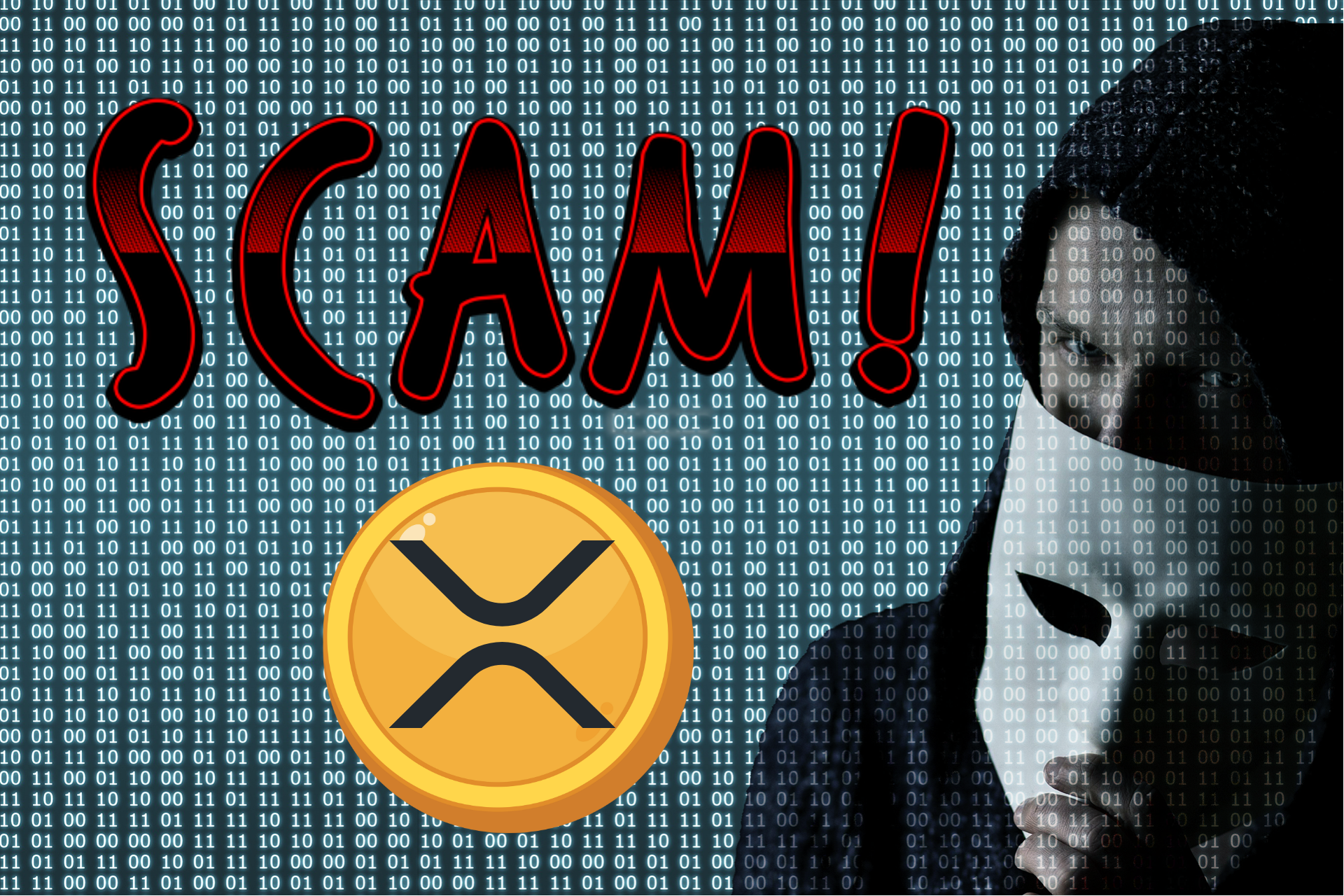 token XRP, haker i napis "SCAM!"