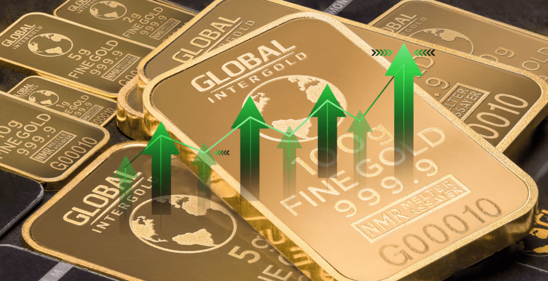 uncjowe sztabki złota próby 99 oraz zielone strzałki skierowane do góry