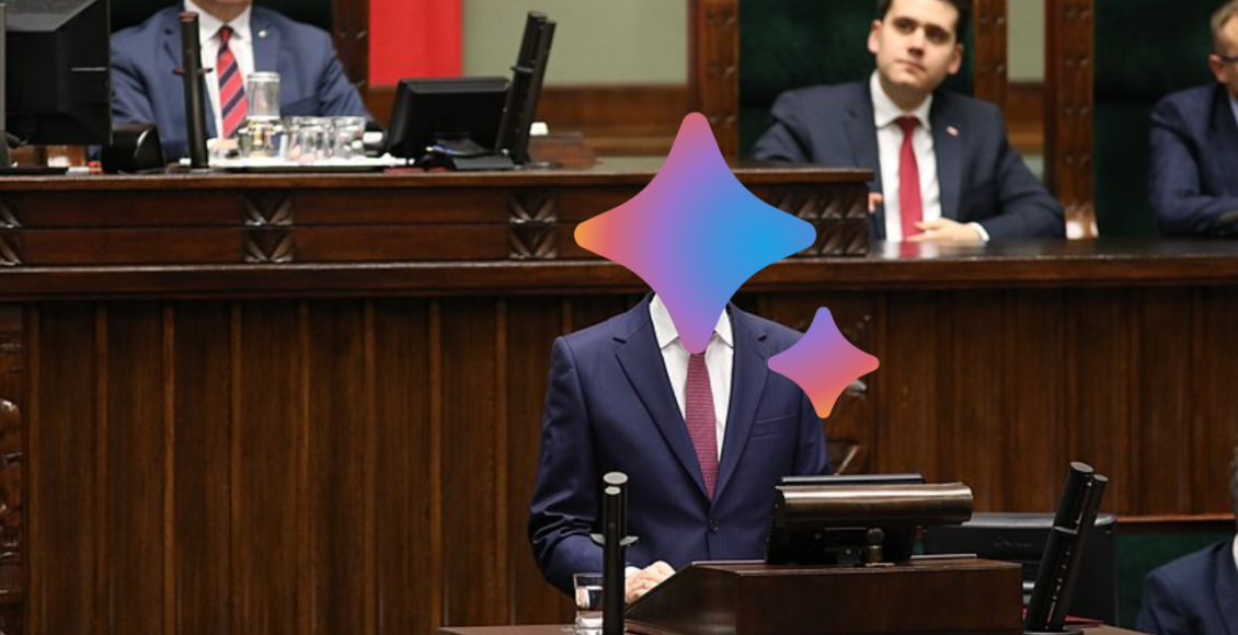 Przemówienie premiera Morawieckiego w Sejmie który zamiast głowy ma logo Google Bard