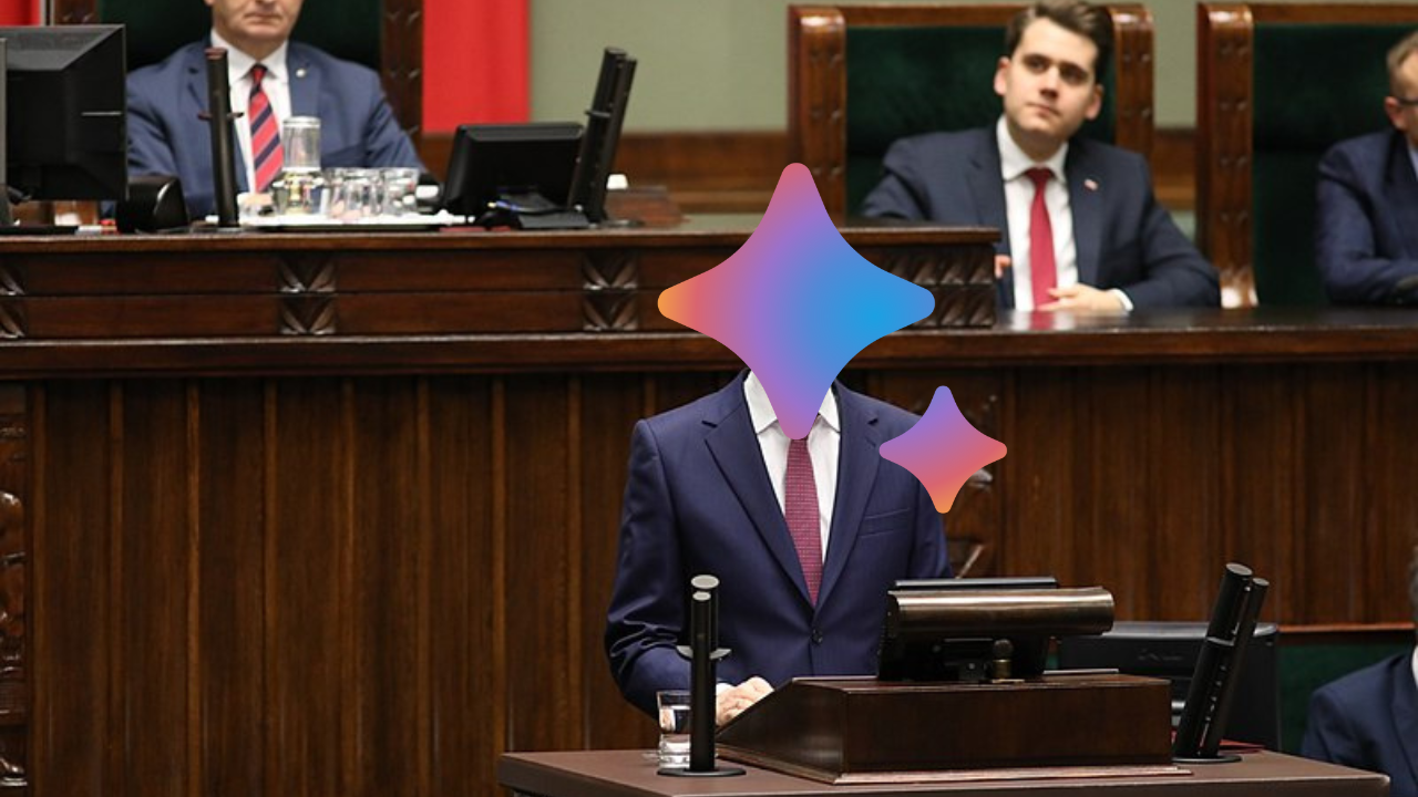 Przemówienie premiera Morawieckiego w Sejmie który zamiast głowy ma logo Google Bard