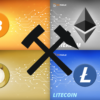 kryptowaluty z symbolem wydobycia na środku planszy