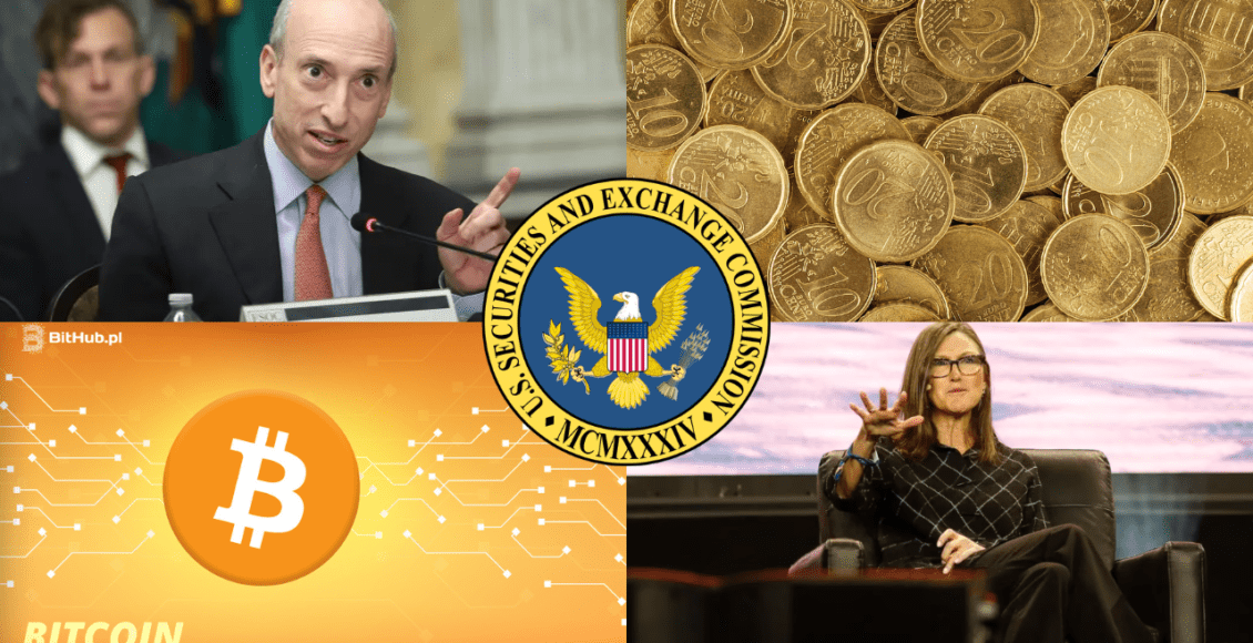 kolaż tematycznych grafik: gary gensler, bitcoin, cathie wood, eurocenty