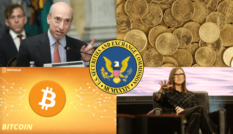 kolaż tematycznych grafik: gary gensler, bitcoin, cathie wood, eurocenty