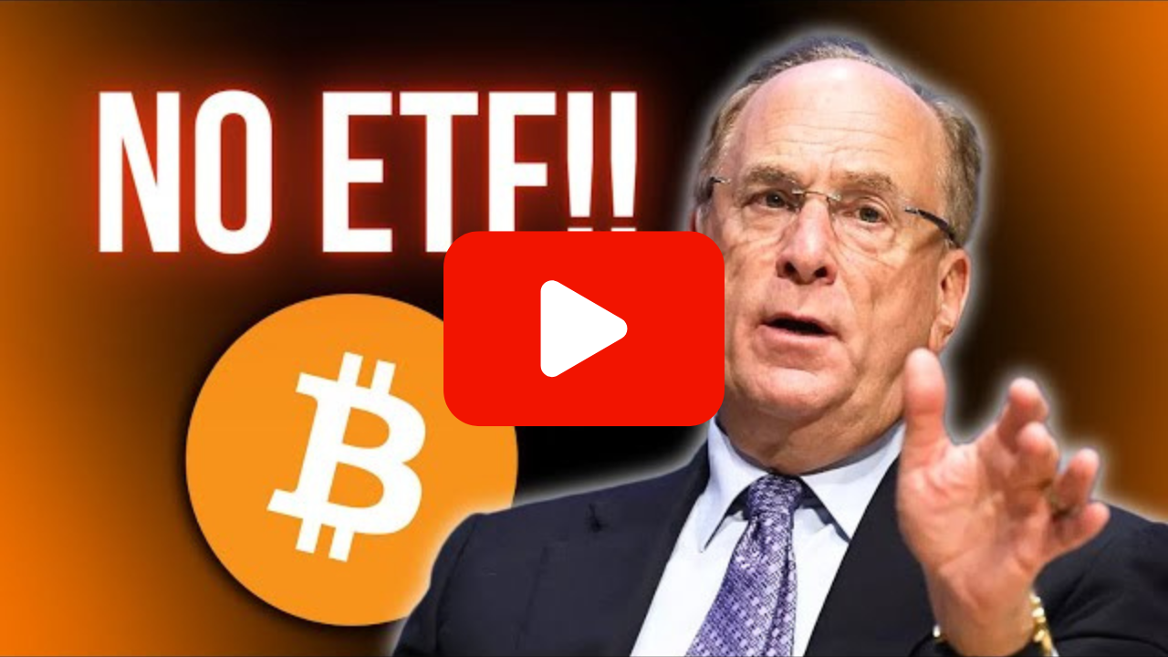 Larry Fink z logiem Bitcoina oraz komentarzem "No ETF"