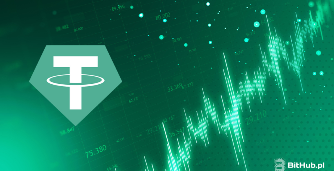 grafika z logiem tether, tło zielone, wykres pnący się w górę