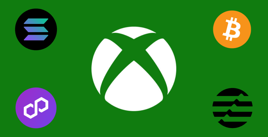 logo xbox na zielonym tle oraz loga kryptowalut