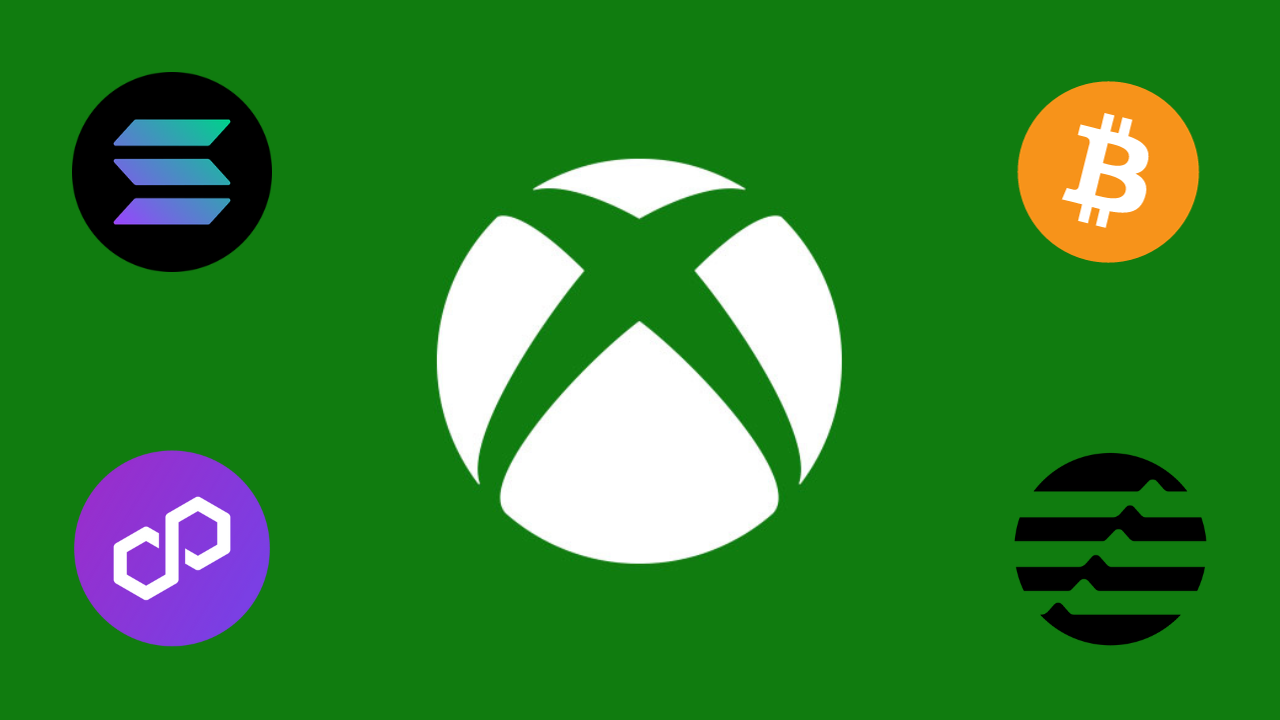 logo xbox na zielonym tle oraz loga kryptowalut