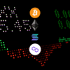 terminal giełdowy na czarnym tle z logami kryptowalut