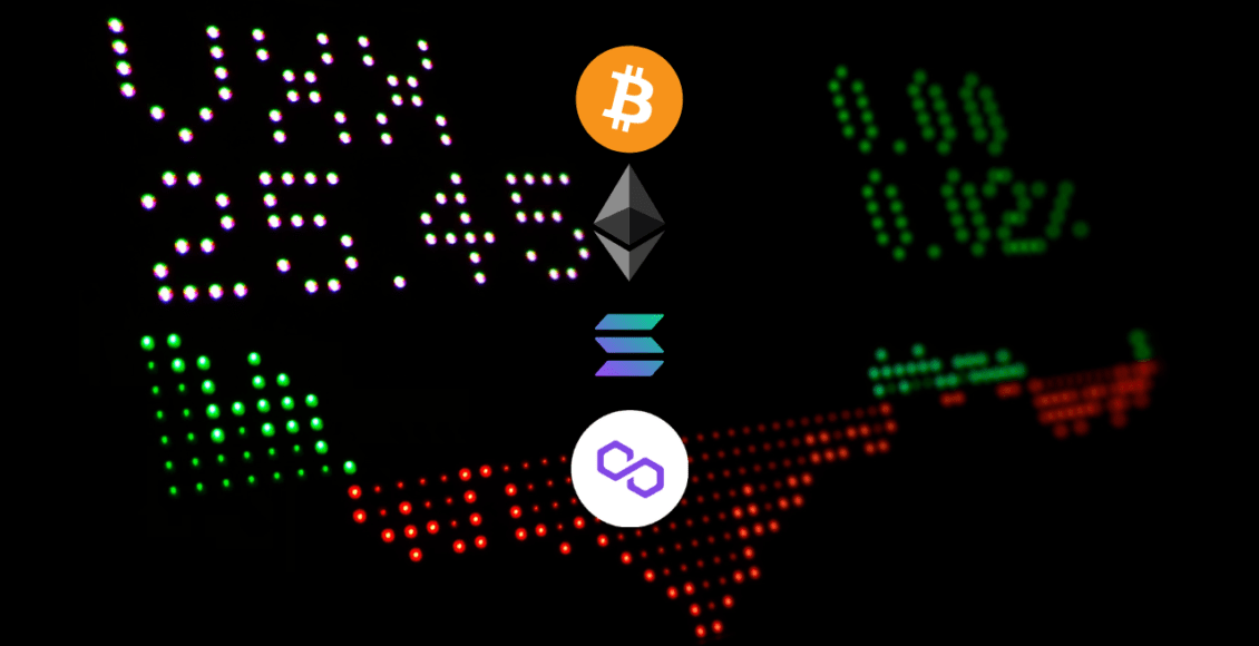 terminal giełdowy na czarnym tle z logami kryptowalut