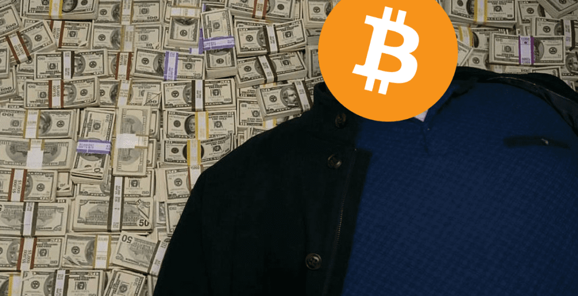 huell z breaking bad leżący na górze gotówki, zamiast głowy ma logo bitcoina