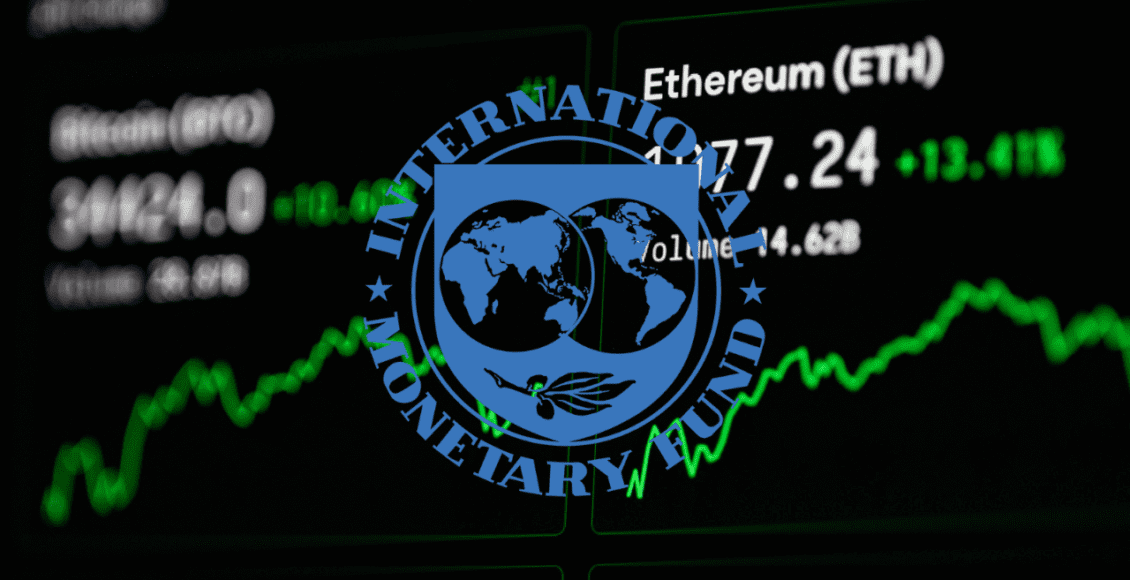 logo miedzynarodowego funduszu walutowego na tle notowań bitcoina i ethereum