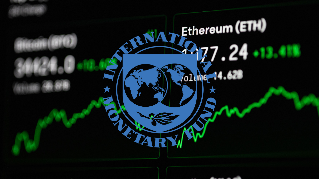 logo miedzynarodowego funduszu walutowego na tle notowań bitcoina i ethereum