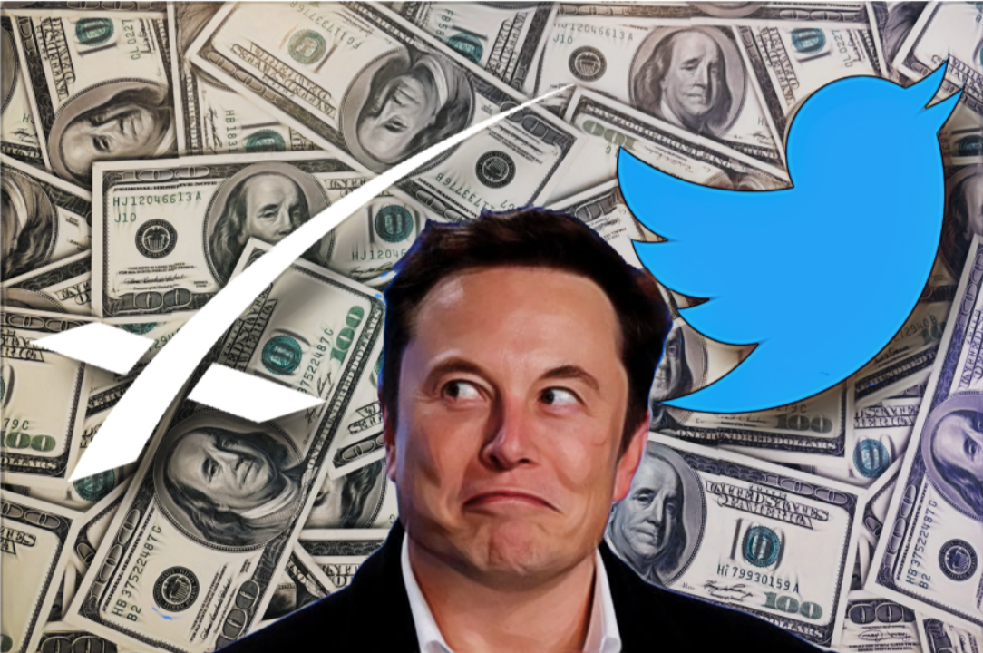 Elon Musk patrzacy na logo SpaceX na tle banknotów dolarowych