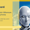 robot z bitcoinem w ręku na tle miasta przyszłości z napisem sugerującym że rekomenduje kryptowaluty