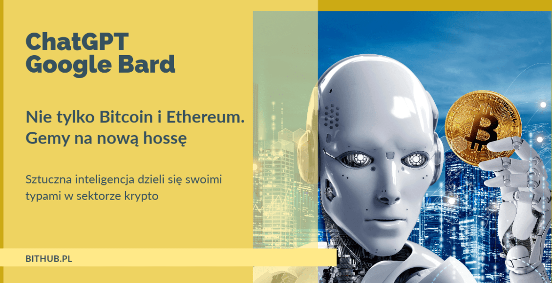 robot z bitcoinem w ręku na tle miasta przyszłości z napisem sugerującym że rekomenduje kryptowaluty