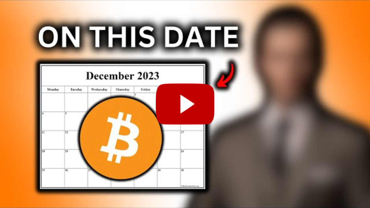 Grafika z kalendarzem, tajemniczą postacią i logiem Bitcoina