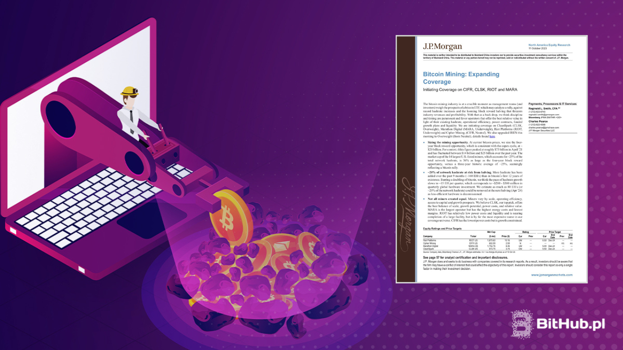 fioletowa grafika ilustrująca proces wydobycia bitcoina wraz ze zdjęciem raportu banku jpmorgan