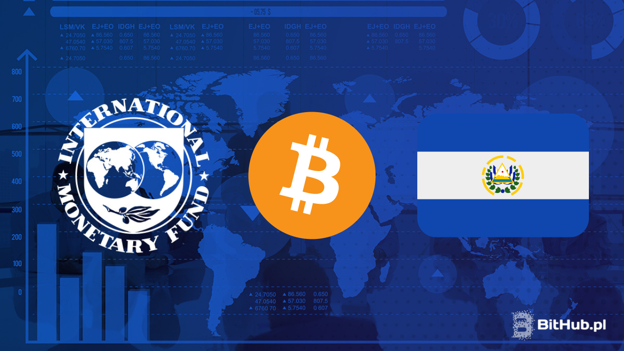Mapa świata na niebiesko z logiem bitcoina, międzynarodowego funduszu walutowego i salwadoru