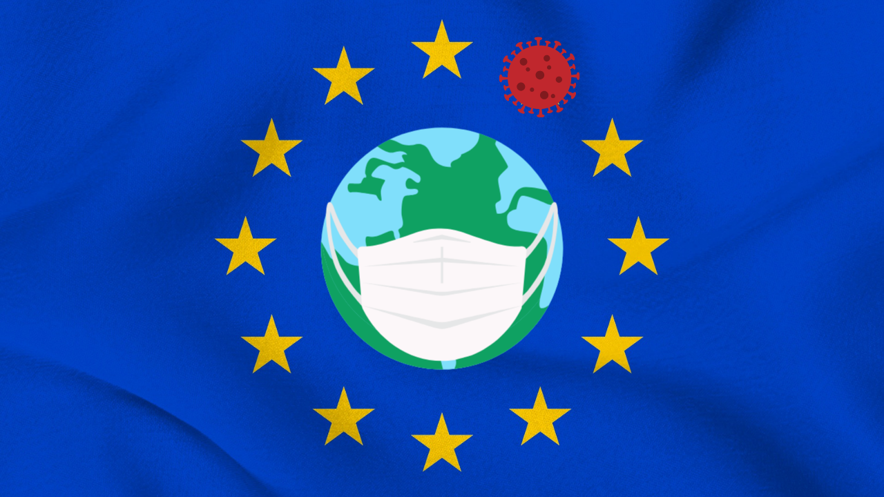 flaga eu z planetą ziemia z maseczką i ikonką bakterii