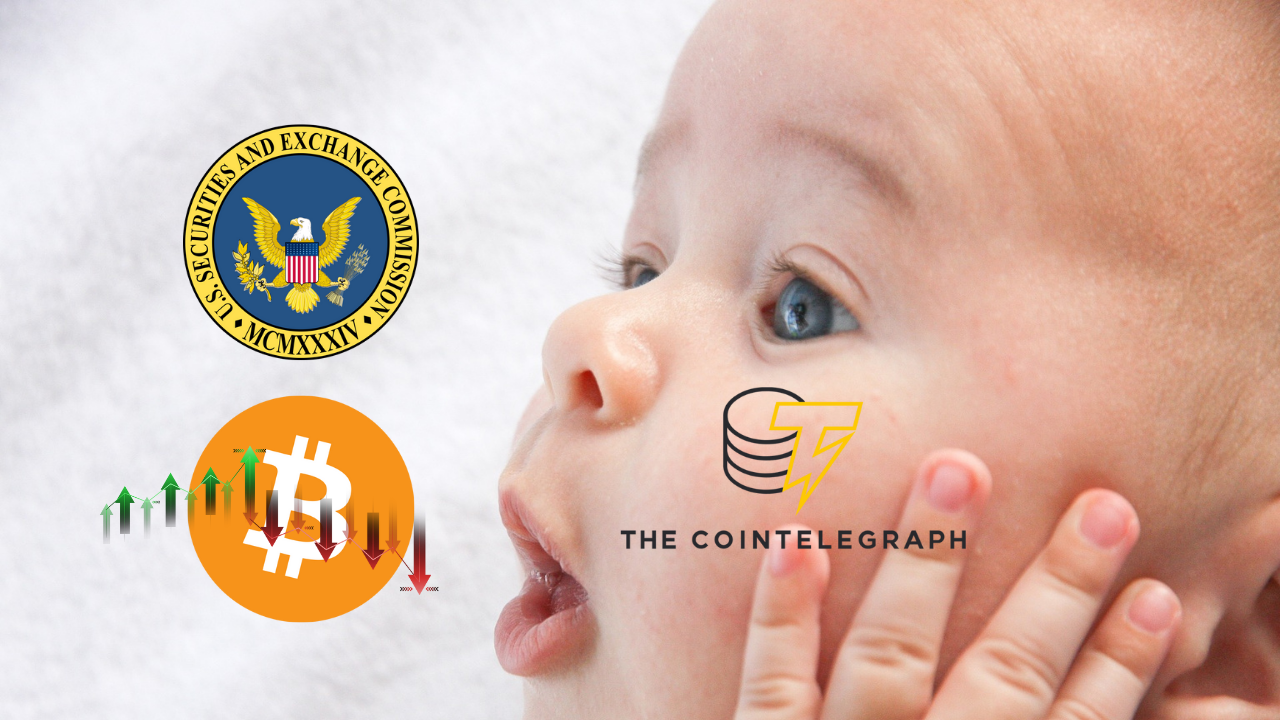 Niemowlę z wyrazem twarzy w szoku, loga bitcoina, cointelegraph oraz komisji SEC